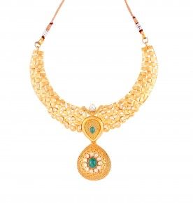 18k hammered textured gold neckpiece studded with green onyx