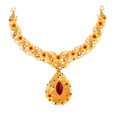 Floral Inspired neckpiece studded in red garnet 18k gold textured jewellery