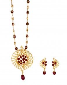 Floral inspired neckpiece & earring desinged in 18k gold studded with red garnet