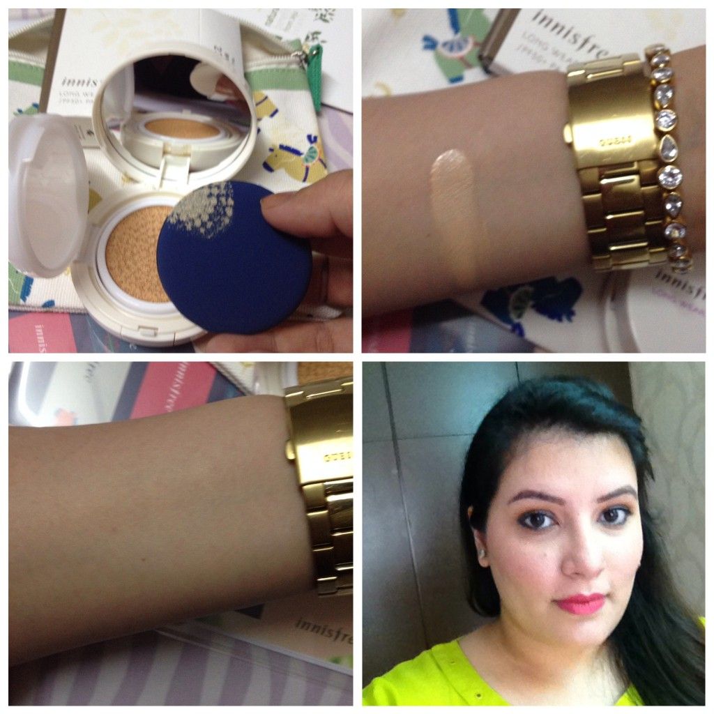 Innisfree Long-wear Cushion foundation swatches and on my face