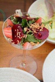Crispy wai wai, aragula and strawberry salad