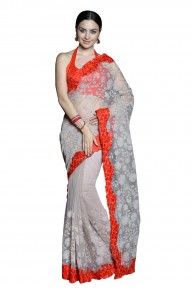 Ethnic Dukaan.com_Beige Pearl Embellished Net Saree _sleeveless blouse