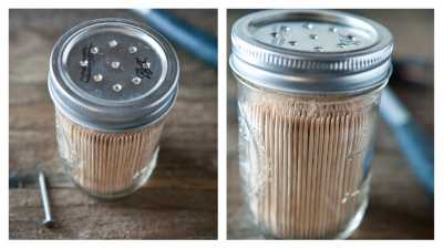 Tooth prick or matchstick holder: Keep your toothpicks or matchsticks organized by storing them in mason jars. Do a small hole in in the lid and now a gentle shake, your toothpicks will easily dispense.